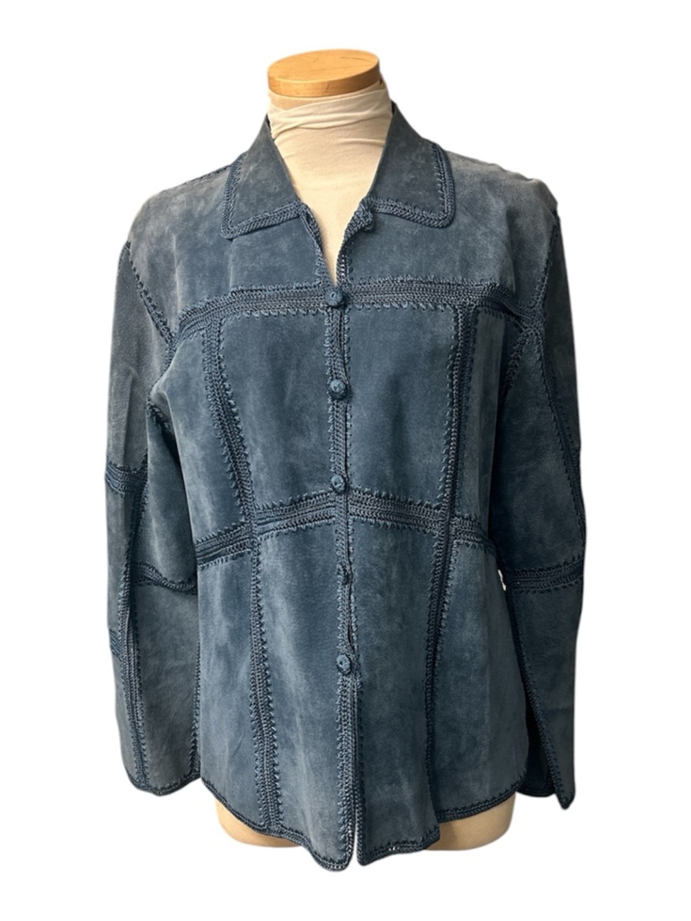 S.M.H Suede Crochet Patchwork Button-Front Jacket - Blue Size Large